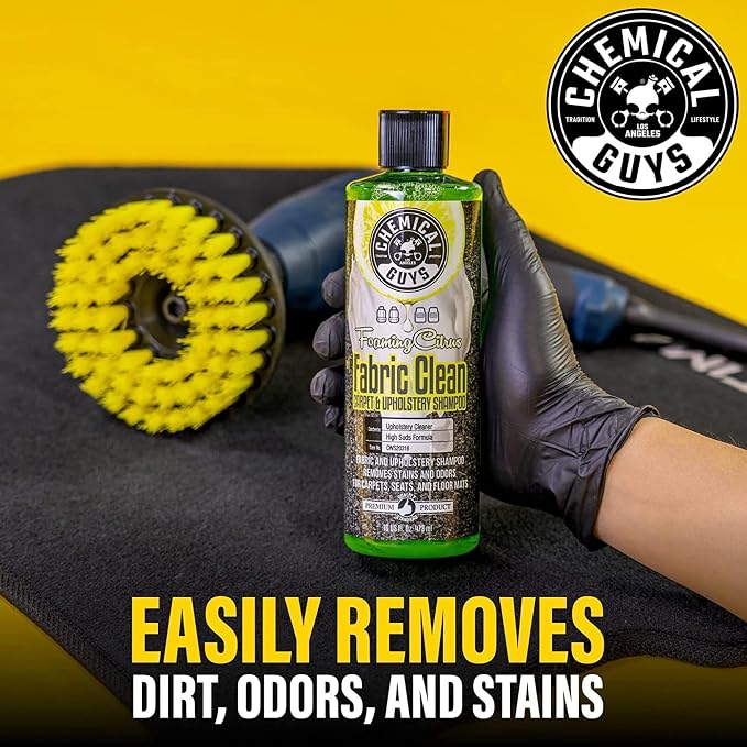 Chemical Guys, Citrus Foaming Fabric & Carpet Cleaner Drill Brush, 16 oz | Lifts coffee, food and pet stains and odors from carpet, mats and upholstery, drill brush agitates, citrus scent