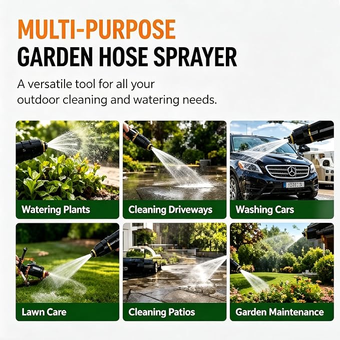 Heavy Duty Hose Nozzle, Adjustable High Pressure Water Hose Nozzle with Metal Garden Hose Sprayer, Leak-Proof Jet Spray Nozzle for Car Wash, Lawn, Garden Watering, Patio Cleaning