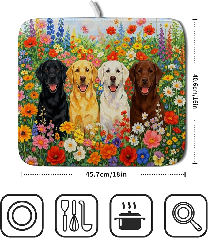 Flower Dog Dish Drying Mat Spring Floral Microfiber Absorbent Dish Drying Pad for Kitchen Counter