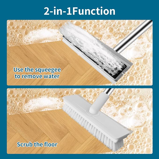 2 in 1 Floor Scrub Brush with Long Handle, White | Scrape Brush Stiff Bristle Floor Scrubber for Cleaning Shower Bathroom Garage Kitchen Wall Deck Tub Tile
