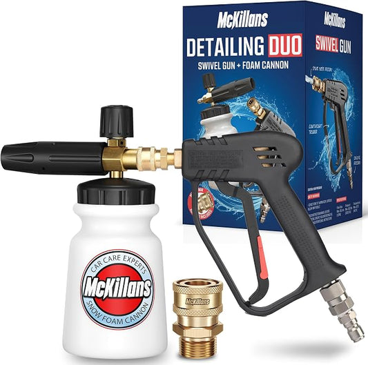 McKillans Pressure Washer Gun with Swivel & Foam Cannon Wide Mouth & M22-14mm Adapter - Adjustable Thick Foam - Power Washer Gun - 3/8" Male Plug & 1/4” Quick Connector Coupler