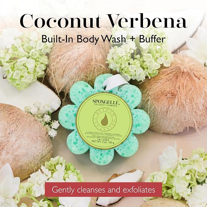 Spongellé Coconut Verbena Wild Flower Bath Sponge | Built-in Body Wash & Body Scrubber, Shower Loofah Sponge for Women | 14+ uses