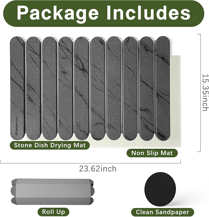 Stone Drying Mat for Kitchen Counter, 24"x16" Quick Dry Stone Dish Drying Mat, Foldable Absorbent Diatomaceous Earth Pad for Plates Cups Utensils (Dark Gray)