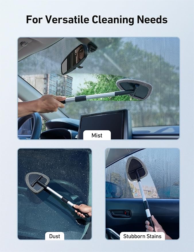 AstroAI 21" Extra-Long Windshield Cleaner Tool, Car Interior Detailing Cleaning Kit with Extendable Handle and 4 Upgraded Reusable Microfiber Pads, Auto Glass Wiper Brush Kit for Cars, Gray, 2 Pack