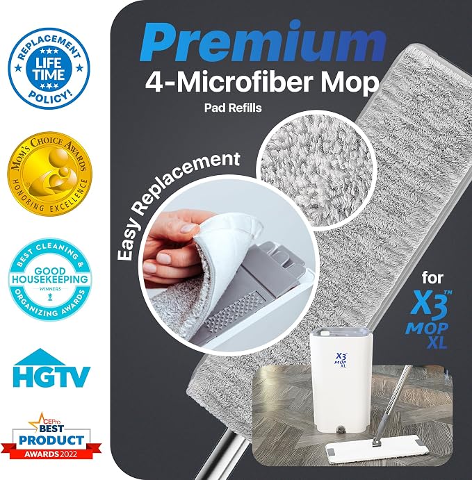 X3 Mop XL Replacement Microfiber Cleaning Pads, 4 Pack of Reusable Flat Mop Heads. (Pads fit X3 Mop XL Only)