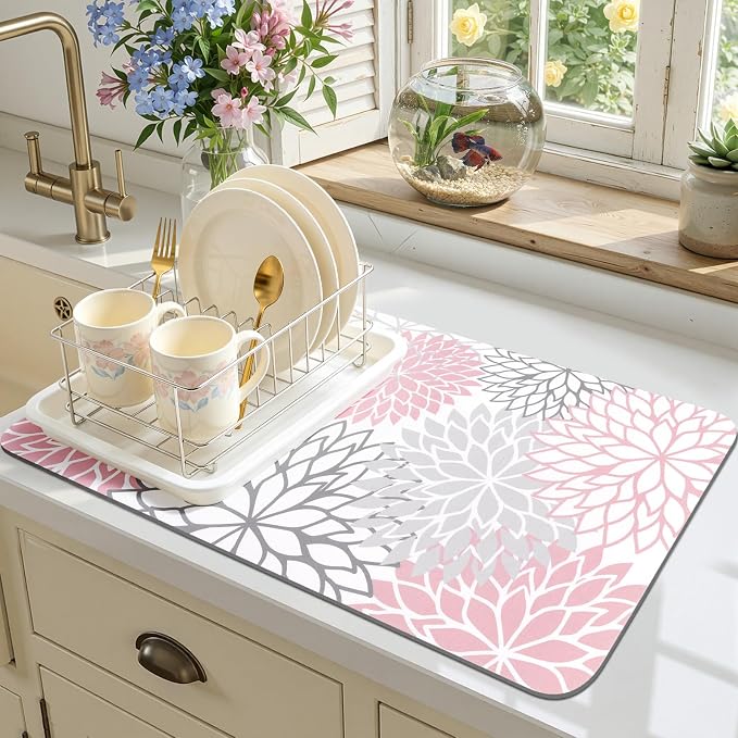 Findosom Dish Drying Mat, 12" x 20" Super Absorbent Dish Mat with Floral, Hide Stain Drying Mat for Kitchen Counter, Under Dish Rack, Coffee Maker, Espresso Machine, Pink