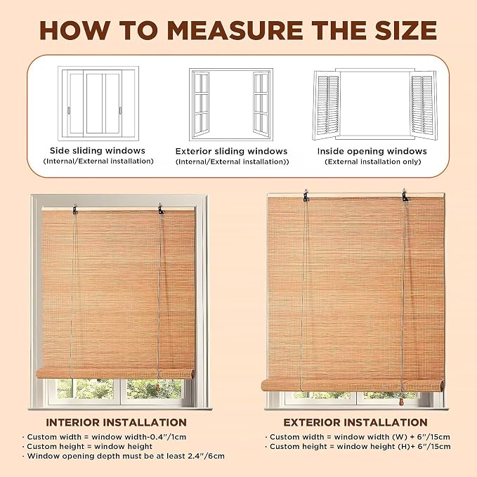 Bamboo Blinds for Interior Windows, 48"W X 63"H Bamboo Roller Shades Indoor | Roll Up Shades Light Filtering for Outdoor Patio, Decks, Porch, Backyards Natural Bamboo Material, Easy to install