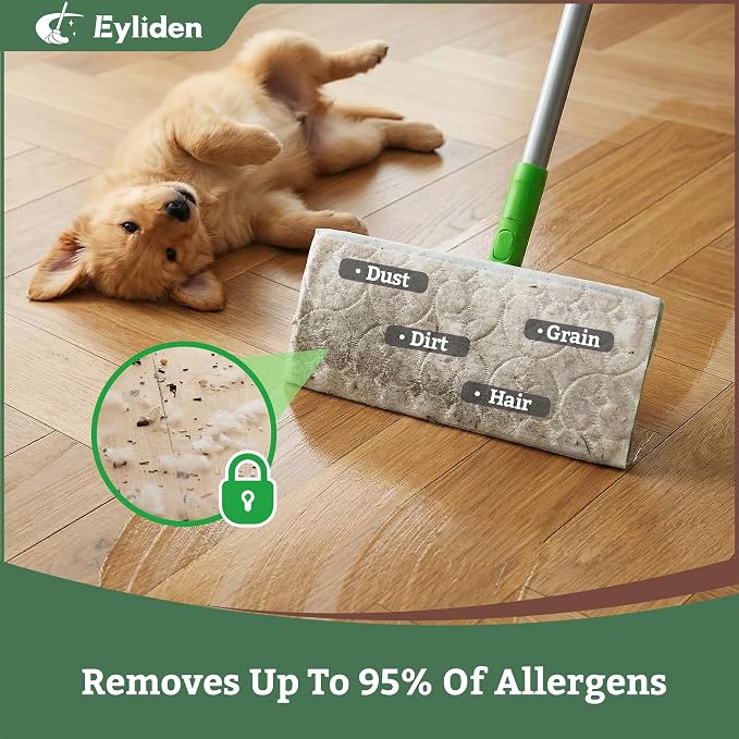 Eyliden Sweeper Mop with 36 Refills, 3 Types of Disposable Dry & Wet Cloths | Lock-Tight Design No Lost Pads, Universal Refills, Multi-Surface Sweeping Starter Kit for Pet Hair, Dust, Floor Cleaning
