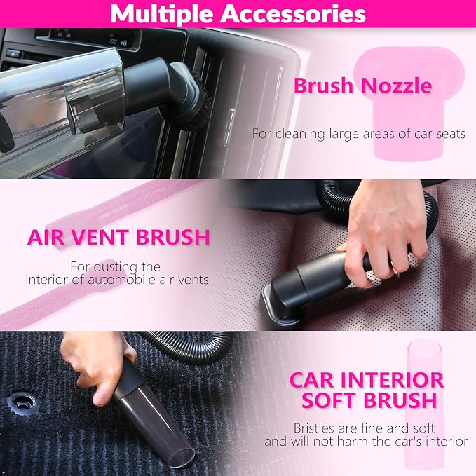 ThinkLearn Car Cleaning Kit with High Power Car Vacuum Detailing Kit | Cute Pink，Powerful 8000Pa Suction，15ft Long Cord，24piece Set，Interior Cleaning Deep Cleaning，Car Accessories Gift For Women