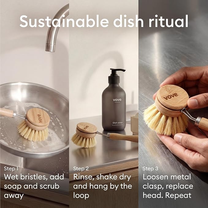 Vove Bamboo Dish Brush Replacement Heads 4-Pack, Refill Heads with Natural Fiber Bristles for Long-Lasting Use, FSC-Certified Bamboo, Plastic-Free Zero-Waste Kitchen Refill