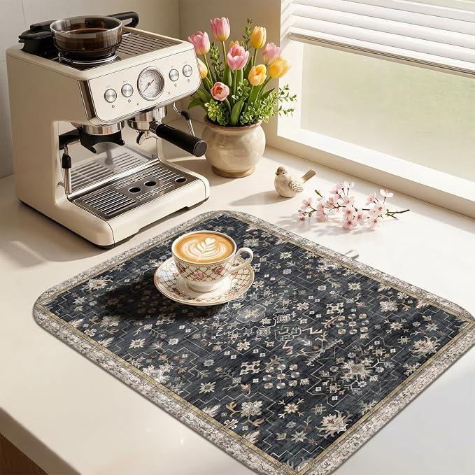 Boho Dish Drying Mat for Kitchen Counter,Vintage Dark Grey Modern Farmhouse Absorbent Microfiber Reusable Washable Non-Slip Dish Drainer Draining Mats Dishes Pad for Kitchen Decor 18x16 Inch