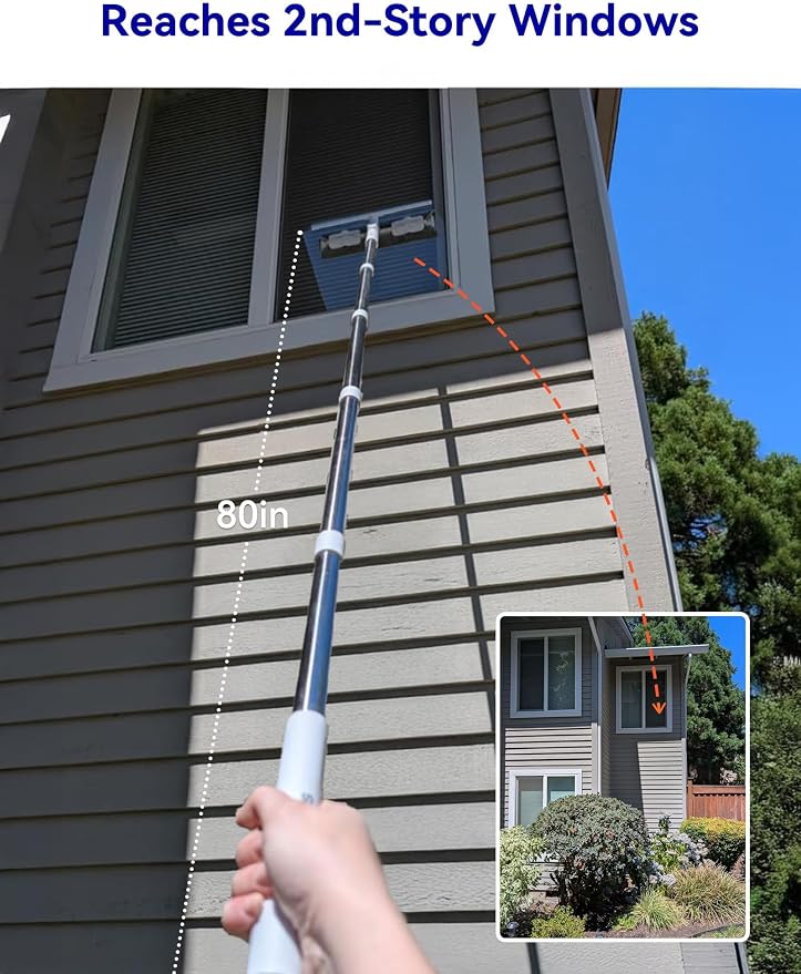 CTIME 80" Professional Window Squeegee Kit with Extension Pole, 5 Cloths | Safe Ladder-Free Reach; Anti-Rust Stainless Steel; 2-in-1 Wash/Dry; Bonus Storage Bag; Durable PP Handle; Streak-Free Finish