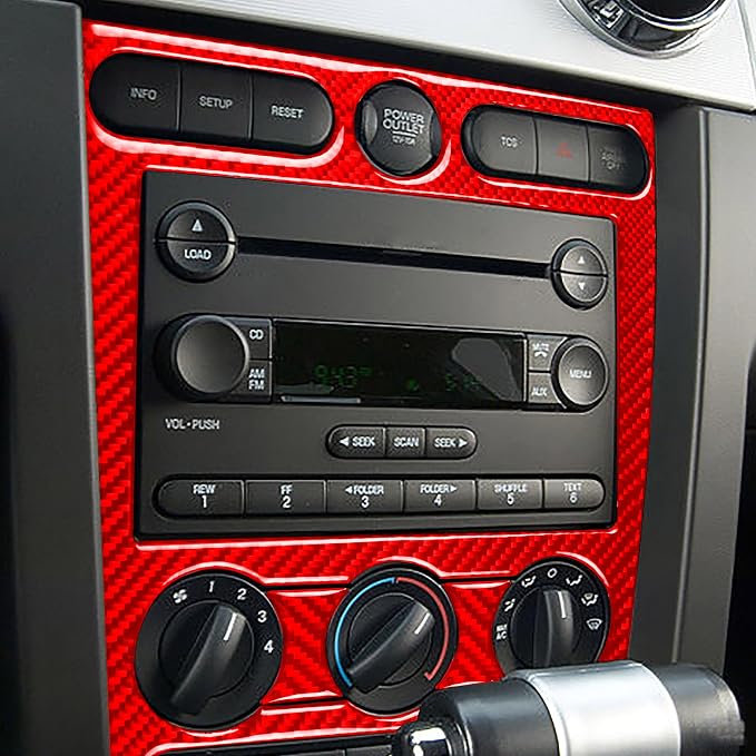 Red Real Carbon Fiber Trim for Ford Mustang Accessories | for GT Shelby 2005 2006 2007 2008 2009 A/C CD Player Panel Cover Interior Thick Overlay Decal 3PCs