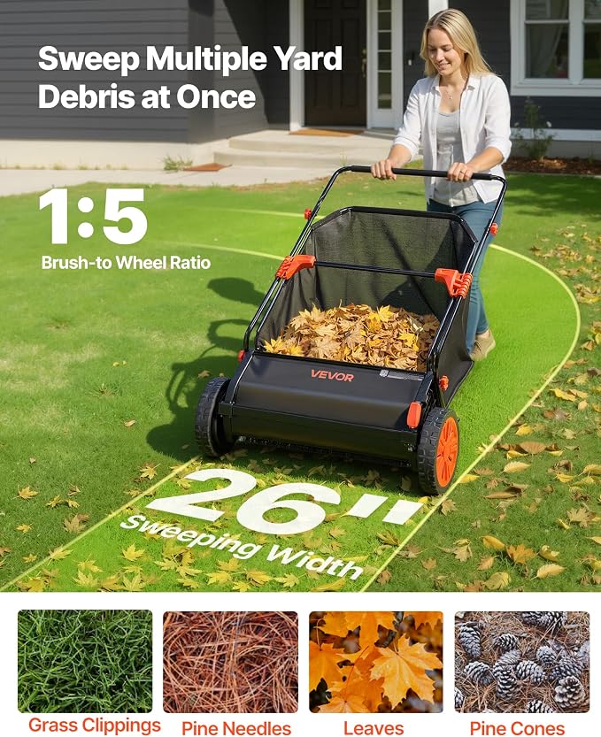 VEVOR Push Lawn Sweeper 26 in Leaf & Grass Collector 7 cu. ft. Hopper Bag | Heavy Duty Yard Sweeper with Adjustable Brush Height, Spinning Brushes, Rubber Wheels for Leaves Grass Cleanup, Black/Orange