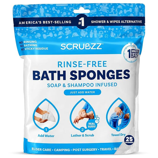 Scrubzz Disposable Rinse Free Bathing Wipes - 25 Pack - All-in-1 Single Use Shower Wipes, Simply Dampen, Lather, and Dry Without Shampoo or Rinsing