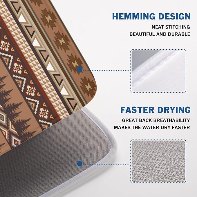 Giwawa Rustic Bear Deer Dish Drying Mat Boho Ethnic Drainer Rack Pad 18x24 Inch Microfiber Absorbent Dish Sink Mat for Counter Kitchen Tableware