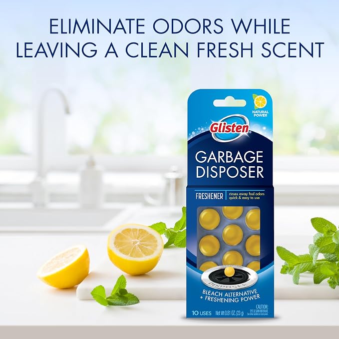 Glisten Garbage Disposer Freshener, Sink Disposal Odor Eliminator, Quick and Easy-to-Use, Lemon Scent, 30 Capsules Total