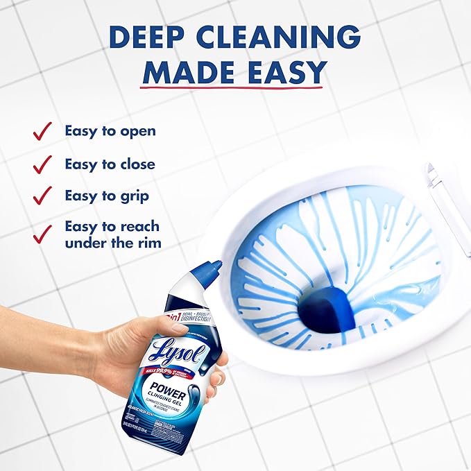 Lysol Toilet Bowl Cleaner, Max Strength Bathroom Cleaning Supplies, Toilet Bowl Cleaner Clinging Gel, Home Essential, Instant Stain Removal, Disinfecting and Deodorizing, Bleach Free, 24 oz (4ct)