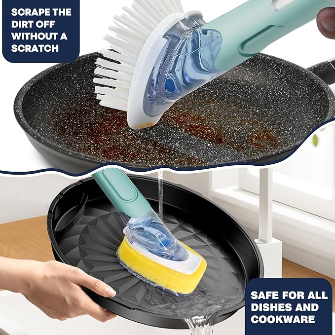RIMAY Dish Brush Set with Soap Dispenser, 2 Refills and Storage Holder | Soap Dispensing Dish Brush dish scrubber with handle for Cleaning Dishes, Pans, Sink, Pots, Blue