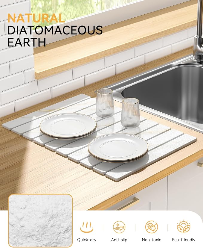 Yofidra Large Stone Dish Drying Mat for Kitchen Counter, Quick Dry Stone Mats with Absorbent Diatomaceous Earth, Foldable Roll Up Drying Organizer Pad for Utensils Plate, 24"×16", White Gold Marble