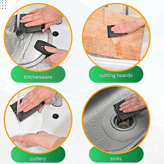 Steel Wool Scrub Sponges, Non Scratch Kitchen Dish Scrubbers | 12 Pack Black Reusable Gentle Cleaning Sponges for Pots, Pans, Cookware, No Scratches on Stainless & Non-Stick Surfaces