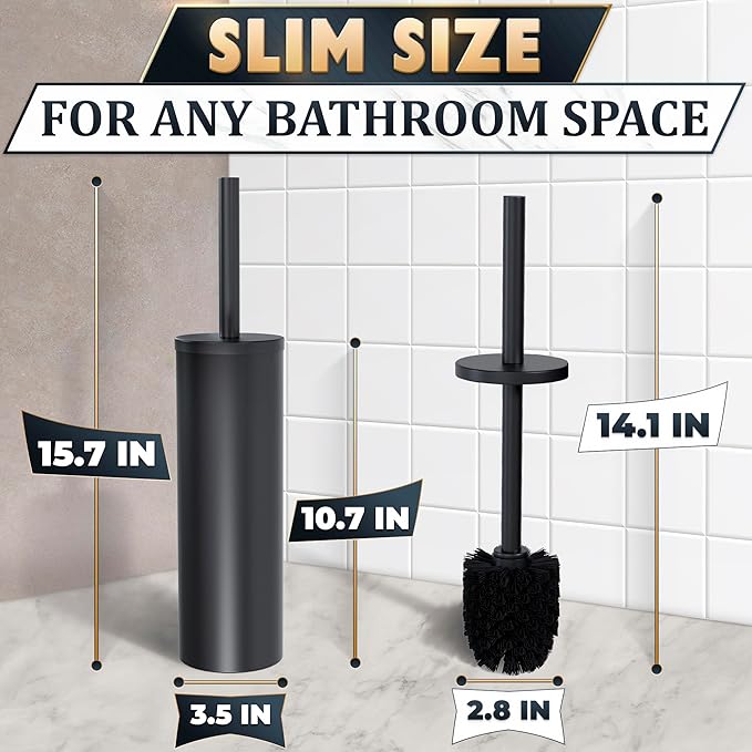 Stainless Steel Toilet Brush and Holder Set, Splash Guard (Black) | Matte Black Toilet Brush and Holder Set, Removable Bowl, Dense Bristles, Long Handle, Scratch Resistant, for Modern Bathrooms