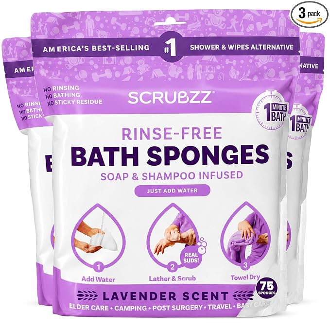 Scrubzz Disposable No Rinse Bathing Wipes - All-in-1 Single Use Shower Wipes, Simply Dampen, Lather, and Dry Without Shampoo or Rinsing (Lavender, 3-Pack)