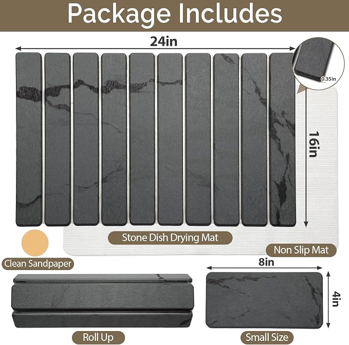 Stone Dish Drying Mat, Large Foldable Stone Drying Mat for Kitchen Counter & Bathroom, Quick Dry Organizer Pad Suitable for Plate Rack Utensils, Apartment Home Essentials Decor (Dark Gray 24"×16")