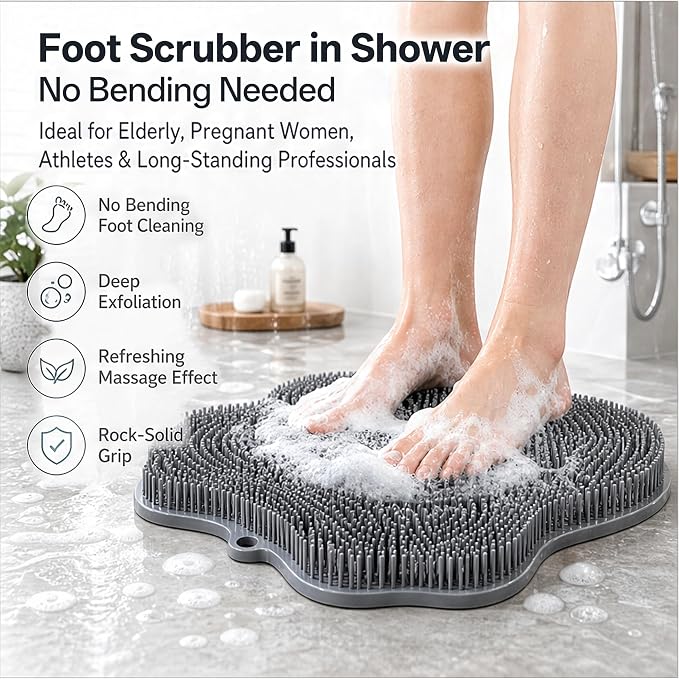 Dual-Sided Silicone Shower Foot Scrubber Mat – Foot Scrubber in Shower for Deep Cleaning & Exfoliation | Wall-Mounted Shower Foot Scrubber Mat & Back Cleaner for Men and Women (Grey, Standard)