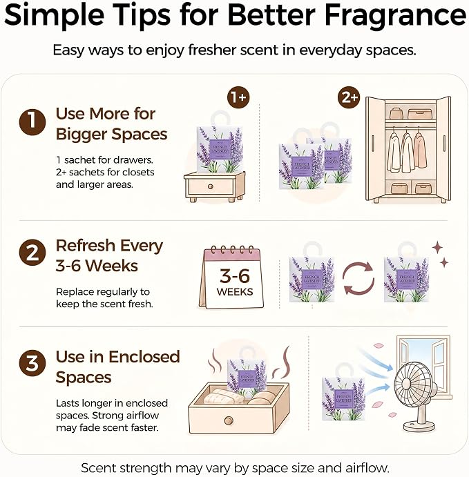 12 Pack Lavender Scented Sachets, Air Freshener for Home&Small Spaces | Hanging Sachet Bags with Retractable Hook; Closet Deodorizer & Odor Eliminator for Drawers, Shoe Cabinets, Cars & Luggage