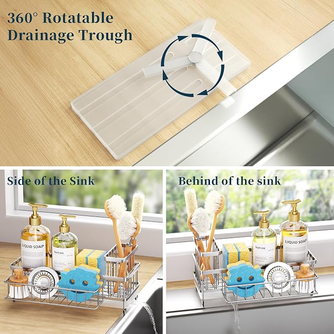 Consumest Sponge Holder for Kitchen Sink - Auto Draining Sink Caddy Organizer with Detachable Rack, High Brush Holder, Kitchen Countertop Storage Accessories, Silver-Large