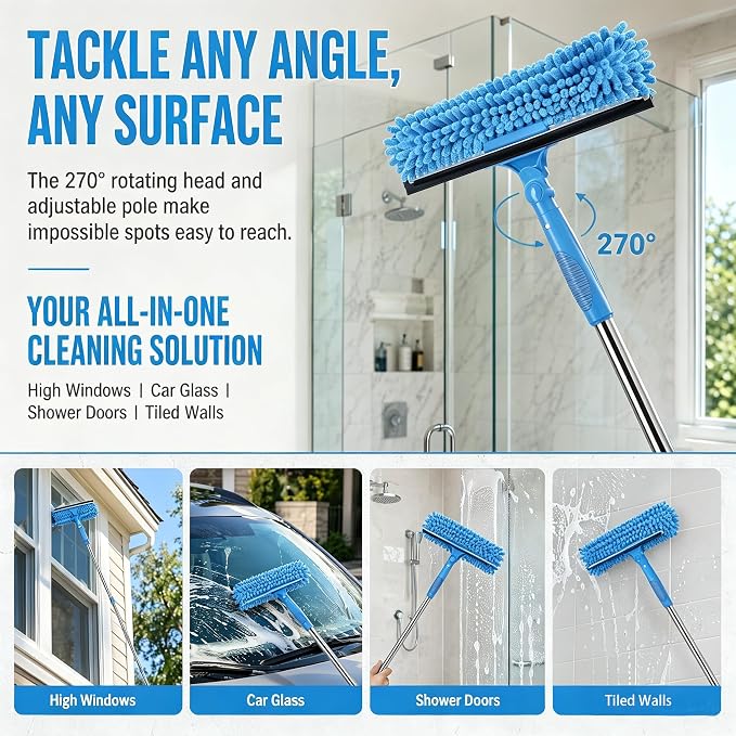 2-in-1 Window Cleaner Tool, 68'' Squeegee for Window Cleaning | Extension Pole, Scrubber with Rotating Head, Streak-Free Squeegee, Thickened Stainless Steel, In/Outdoor Washing Equipment