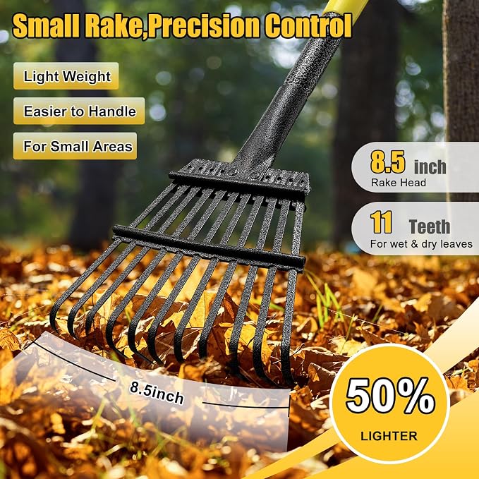 Rake for Leaves: Small Metal Garden Rake, 8.5" Wide, 11 Metal Tines,Heavy Duty Lightweight Kids Leaf Rakes for Small Lawn Yard Shrub,Tight Spot Garden Bed Leaf Debris Picking Cleaning, 60” Long Handle