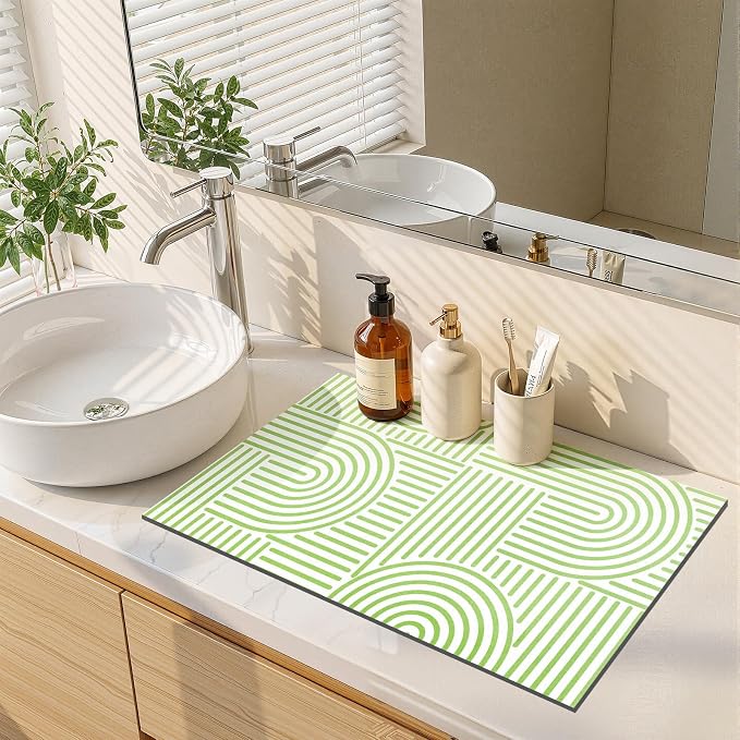 Findosom Dish Drying Mat, 12" x 20" Super Absorbent Dish Mat with Modern Geometric Striped, Hide Stain Drying Mat for Kitchen Counter, Under Dish Rack, Coffee Maker, Espresso Machine, Green & White
