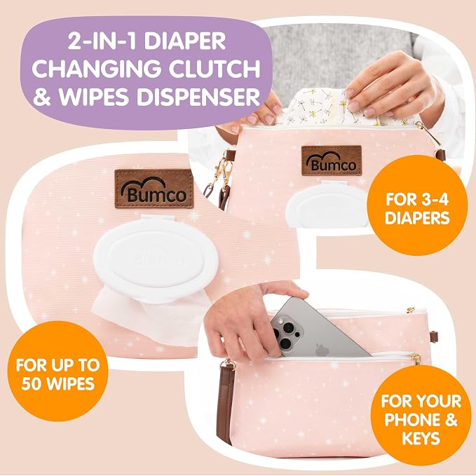 Bumco Diaper Clutch Bag - Portable Wipes Dispenser & Diaper Holder, Airtight Travel Baby Wipes Case, Wipe Dispenser Travel Baby Wipes Dispenser On the Go, Diaper Wristlet