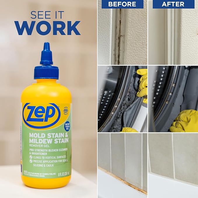 Zep Mold Stain & Mildew Stain Remover, Thick Gel - 8oz (Case of 12) | Cleans tough mold and mildew stains with a thick gel that clings to vertical surfaces for maximum coverage.