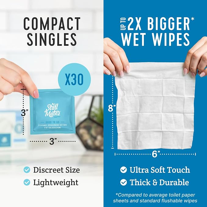 Stall Mates - Flushable Wipes, Individually Wrapped, Travel Friendly, Scented with Cucumber, Vitamin-E & Oat, (30 on-the-go singles)