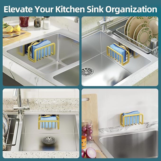 TAILI Sink Caddy with Strong Suction Cup, Sponge Holder for Kitchen Sink Oganizer, Removable Rustproof Aluminum Sponge Holder, Dish Brush for Scraper - Gold