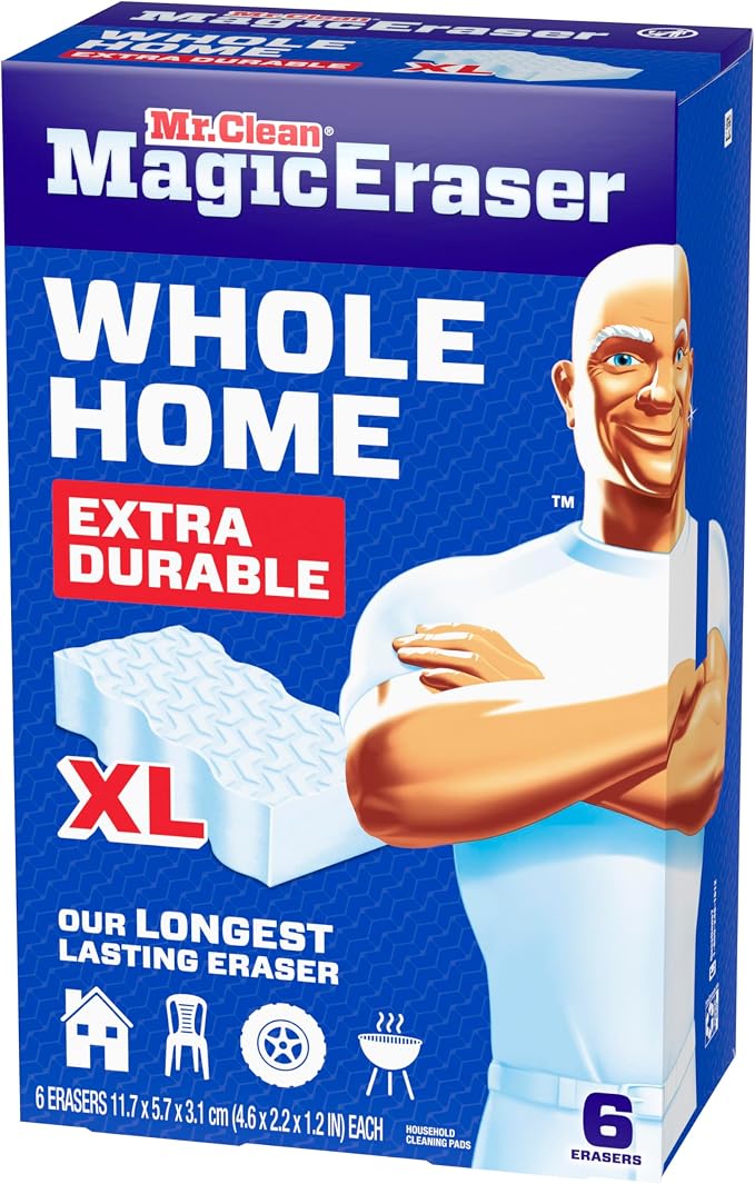 Mr. Clean Magic Eraser Sponge, All Purpose Cleaner, Long Lasting Cleaning Scrubber, Wall, Sneaker, Oven, Kitchen, Bathroom Cleaner, Shower Cleaning Supplies, Whole Home Extra Durable XL, 6ct