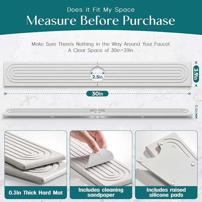 eormoe 30 Inch Faucet Mat for Kitchen Sink - Instant Dry Sink Protector for Countertop, Extra-Long Diatomaceous Earth Stone Sink Tray Around Faucet for Kitchen Bathroom RVs (Light Grey, 30" x 3.9")