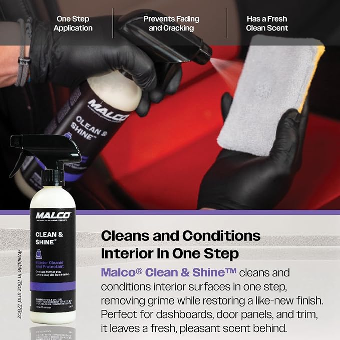 Malco Clean and Shine Interior Car Cleaner and Dressing - Best Interior Car Care to Restore Leather Plastic and Vinyl / 1 Simple Step To Clean, Condition, and Protect/Non-Glare Satin Finish (125916)