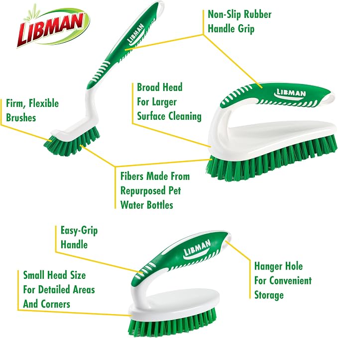 Libman Scrub Brush Kit | Cleaning Brush | Tile & Grout Brush | Small Scrub Brush | Power Scrub Brush | Carpet Brush | Bathroom Scrubber | Boot Scrubber | 3 Different Brushes Included
