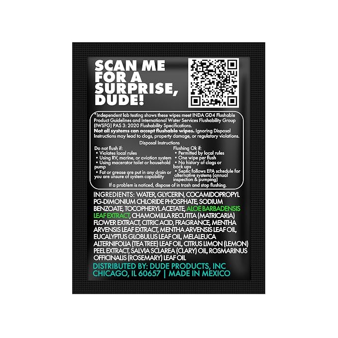 DUDE Wipes On-The-Go Mint Chill Travel Wipes - 30 Count (Individually Wrapped) - Extra-Large Adult Flushable Wipes - Infused with Tea Tree Oil, Vitamin E, and Aloe - Septic and Sewer Safe