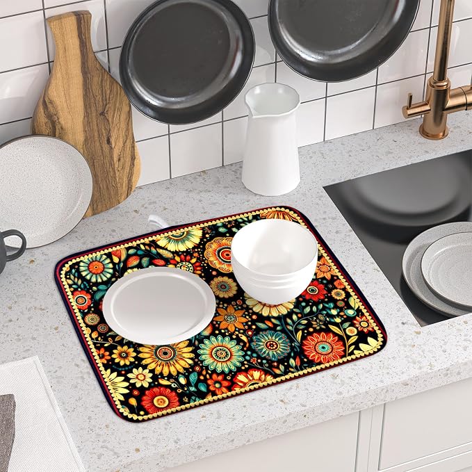 Bohemian Style Flowers Drying Pad Boho Floral Dish Drying Mat for Kitchen Counter Absorbent Microfiber Drainer Rack Mat