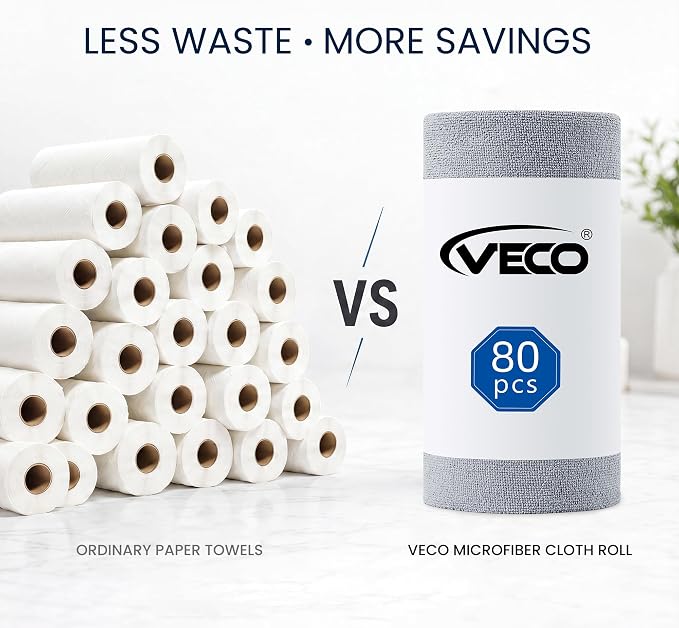 Veco Microfiber Cleaning Cloth Roll 80 PCS Gray, 12" x 12" | Lint-Free, Streak-Free, Tear Away Reusable Microfiber Towels, Cleaning Rags for Kitchen, Car & Home
