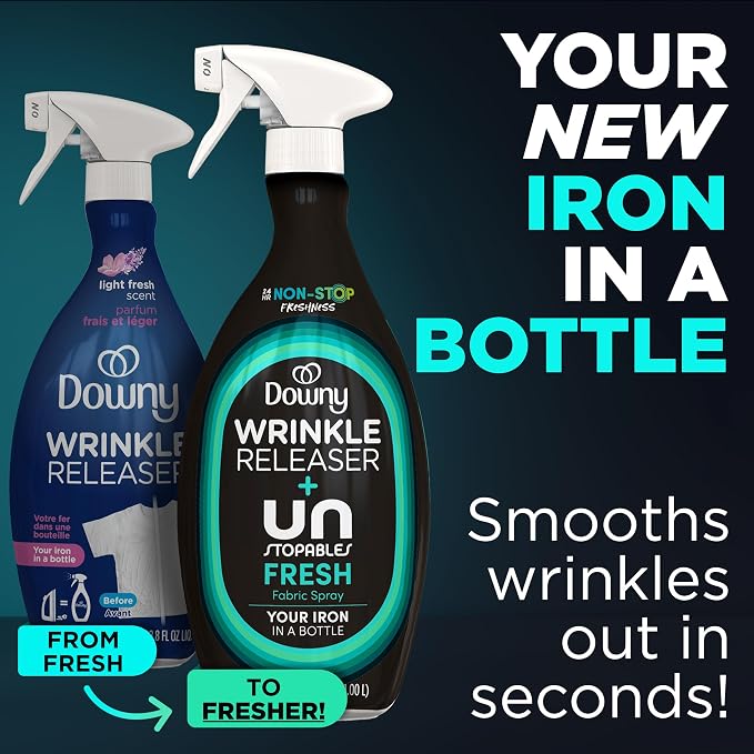 Downy Wrinkle Releaser Spray, All In One Wrinkle Release Spray, Odor Eliminator, Static Remover, Fabric Refresher & Ironing Aid for Clothes, 33.8 Fl Oz (Pack of 2), Unstopables Fresh Scent