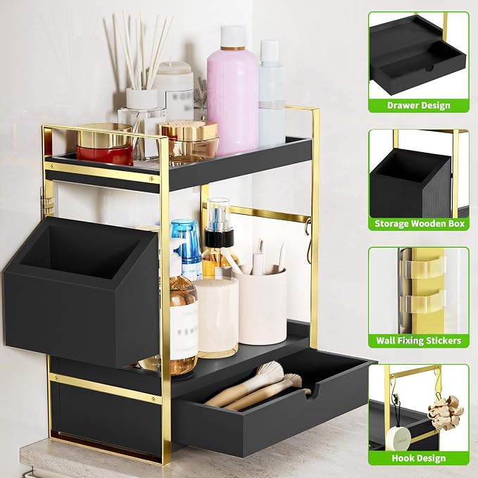 2-Tier Bathroom Counter Organizer with Drawer and Basket, Wood Countertop Organizer for Storage, Skincare Organizers for Vanity, Counter Shelf for Bathroom Organization(Black-Gold)