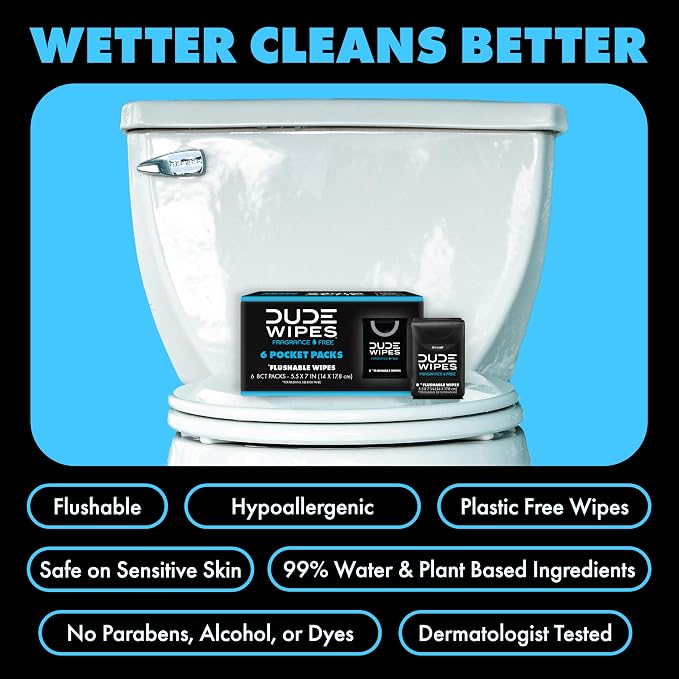 DUDE Wipes Unscented Pocket Packs - Travel Wipes - 6 Packs of 8 (48 Count) - On-The-Go Adult Flushable Wipes for Sensitive Skin - Infused with Vitamin E and Aloe - Septic and Sewer Safe