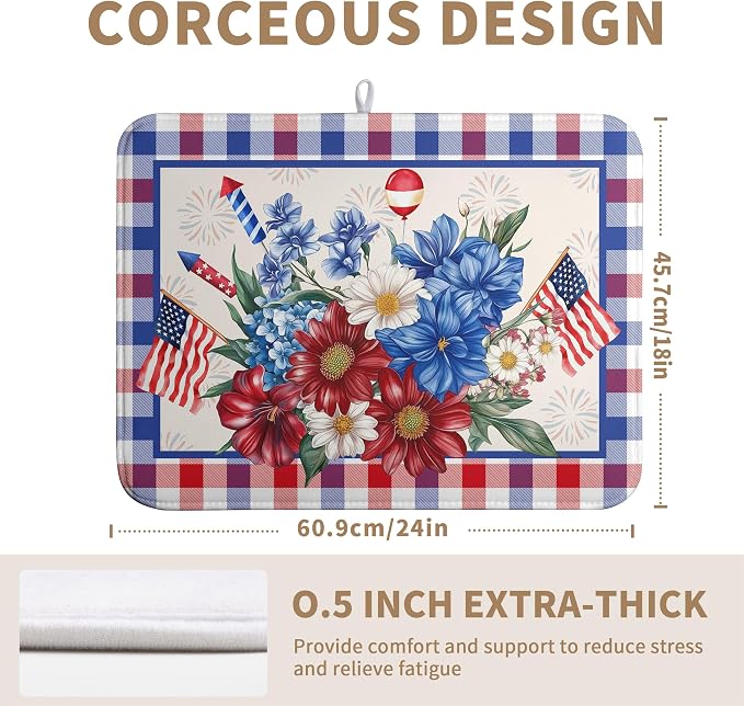 Patriotic Floral Dish Drying Mats 4th of July Flowers Dish Mat Blue Red Firework Drying Matt Dishes Dryer Pad for Kitchen Counter Absorbent Microfiber Washable Foldable Reusable 18x24 in