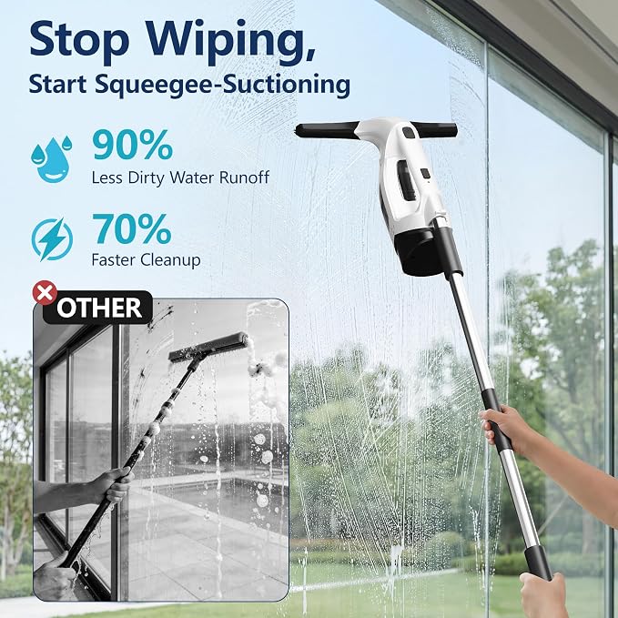 Window Vacuum Squeegee with Extendable Pole 31-40", 2000Pa Electric Window Cleaning Tool with 2200mAh and 150ml Dirty Water Tank, Long Handle Squeegee for Shower Glass, Window Cleaning
